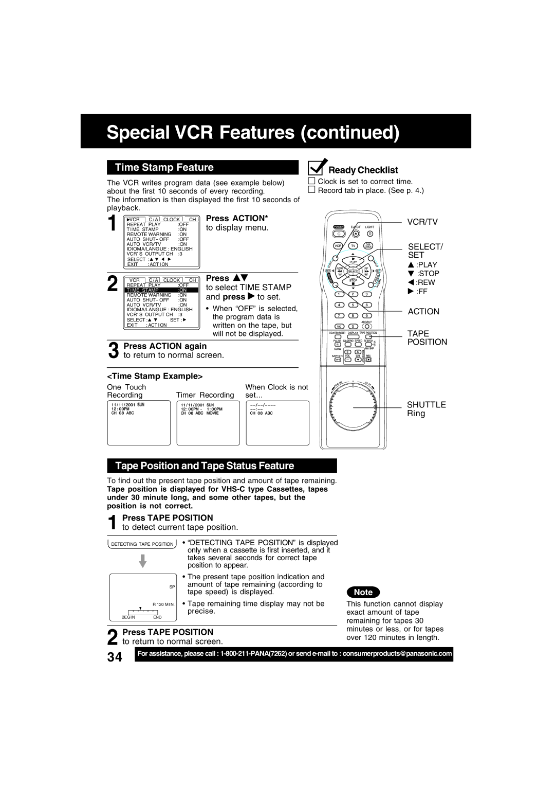 Panasonic PV-V4622 operating instructions Time Stamp Feature, Tape Position and Tape Status Feature 