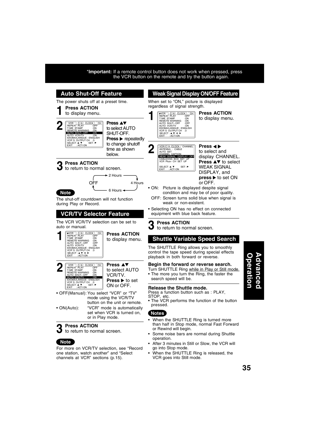 Panasonic PV-V4622 Auto Shut-Off Feature, Weak Signal Display ON/OFF Feature, VCR/TV Selector Feature 