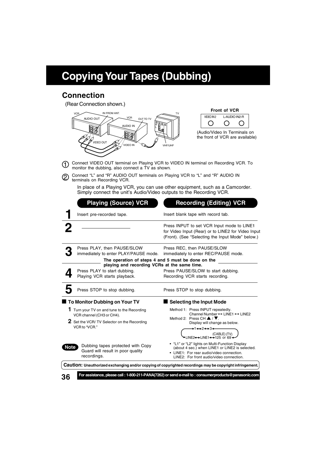 Panasonic PV-V4622 Copying Your Tapes Dubbing, Playing Source VCR Recording Editing VCR, Front of VCR 