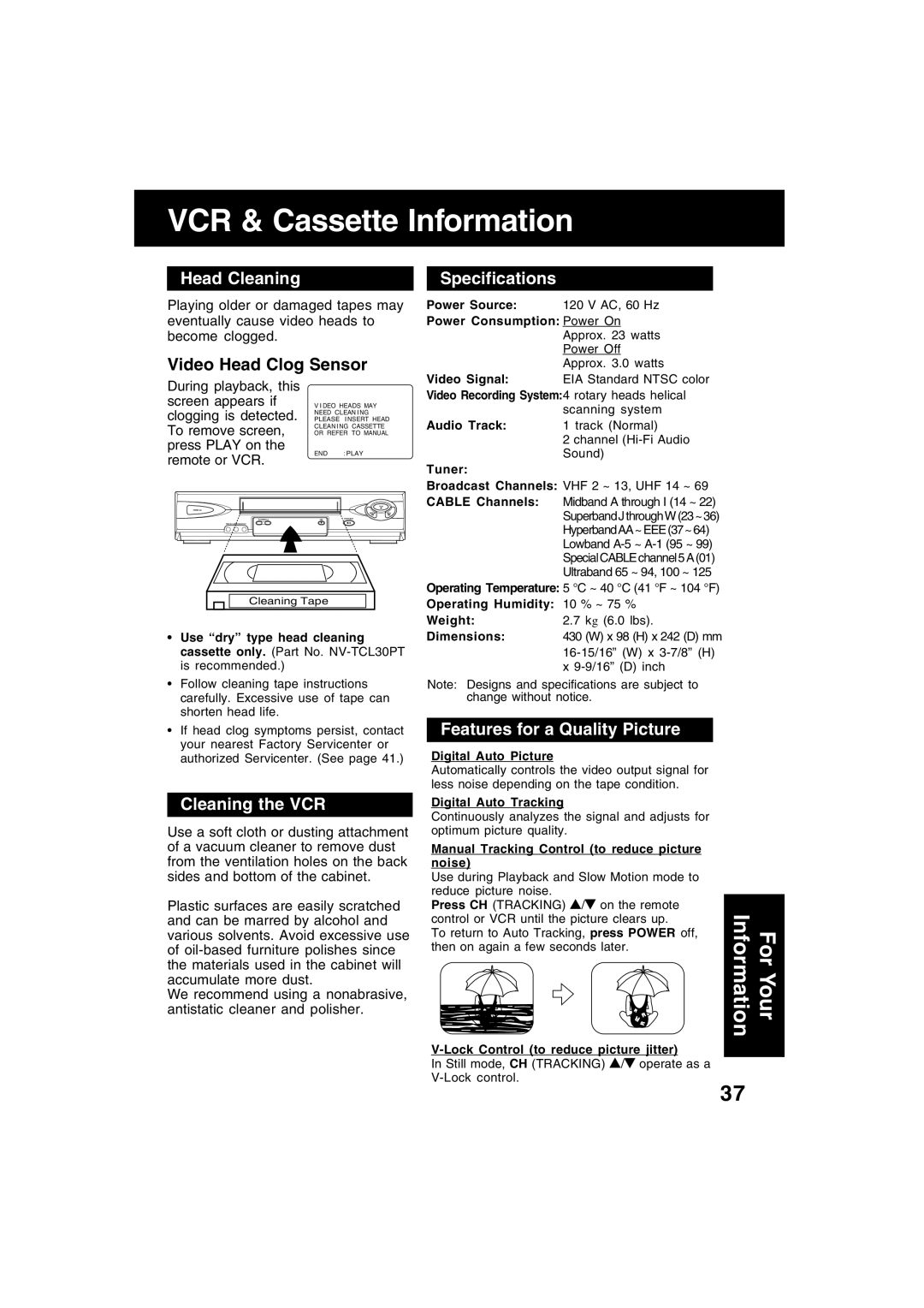 Panasonic PV-V4622 operating instructions VCR & Cassette Information, Head Cleaning, Cleaning the VCR, Specifications 