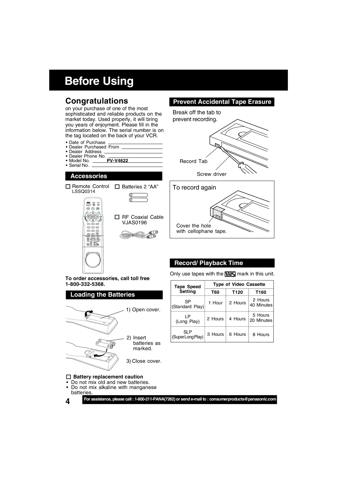 Panasonic PV-V4622 operating instructions Before Using, Congratulations 