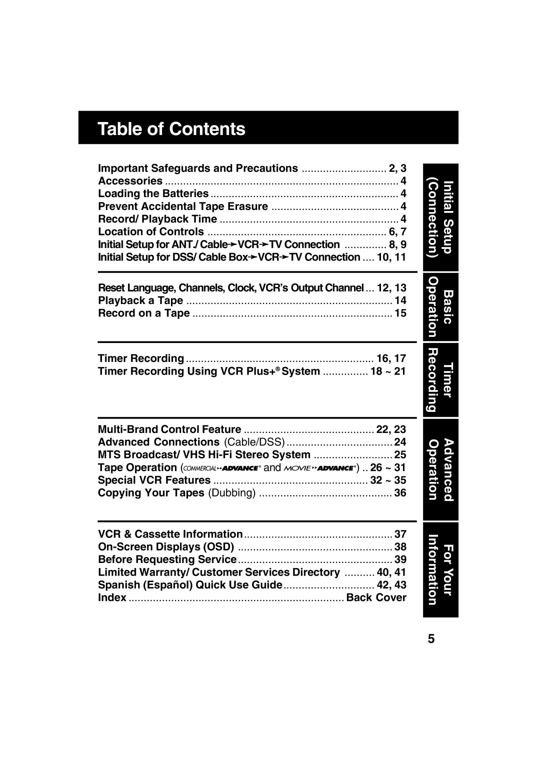 Panasonic PV-V4622 operating instructions Table of Contents 