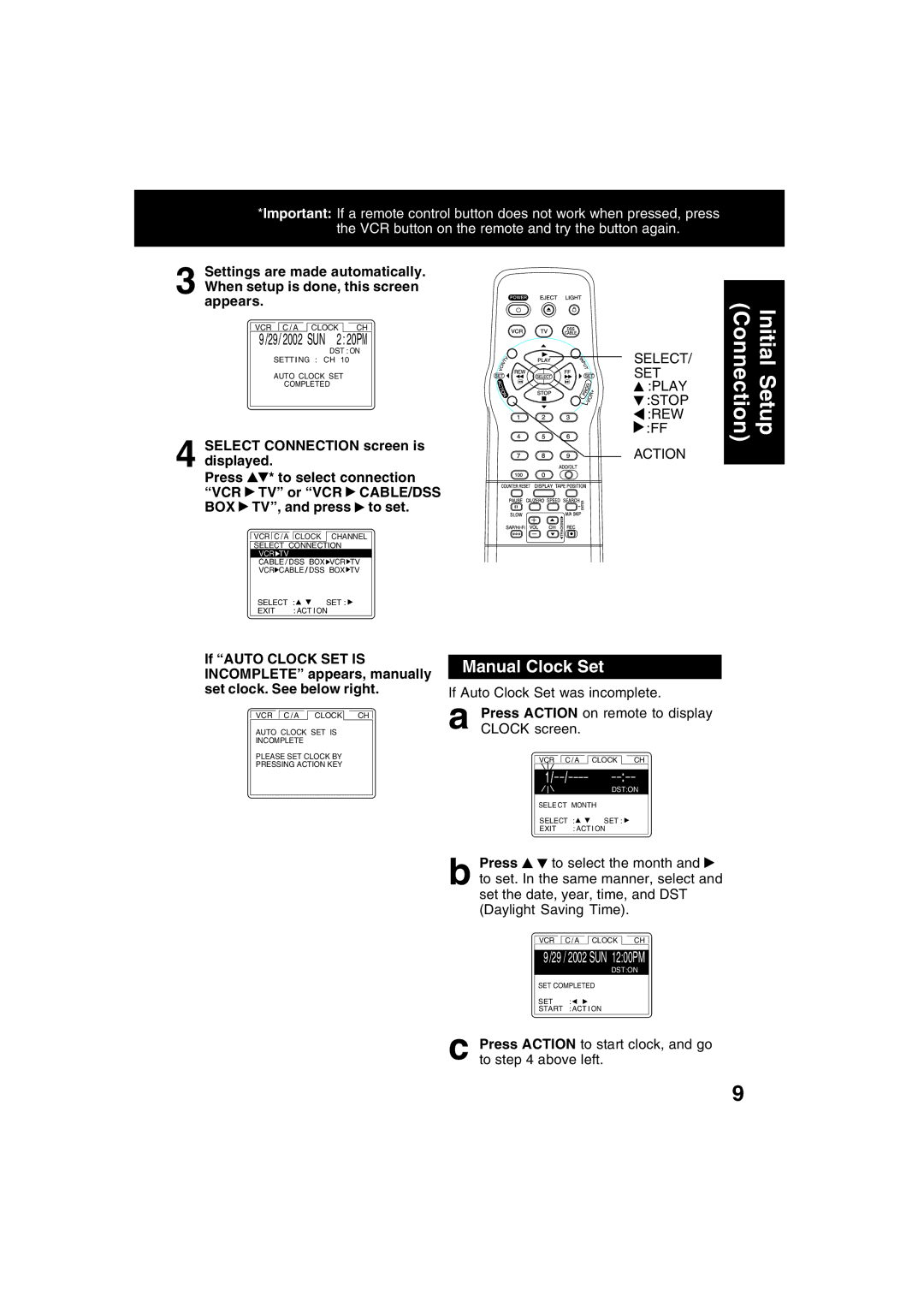 Panasonic PV-V4622 Manual Clock Set, SELECT/ SET Play, Press Action to start clock, and go to above left 