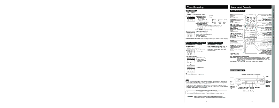 Panasonic PV-V4623S warranty Timer Recording, Buttons, Recording Location of Controls Remote Control 