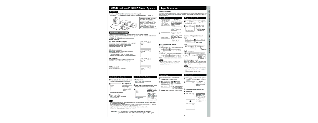 Panasonic PV-V4623S warranty MTS Broadcast/VHS Hi-Fi Stereo System, Tape Operation, Search System 