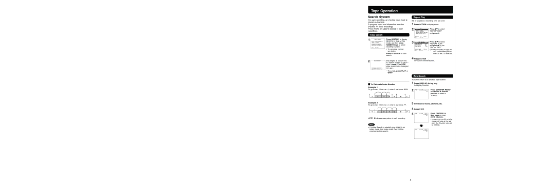Panasonic PV-V4624S warranty Tape Operation, Index Search Repeat Play, Zero Search, To Calculate Index Number Example 