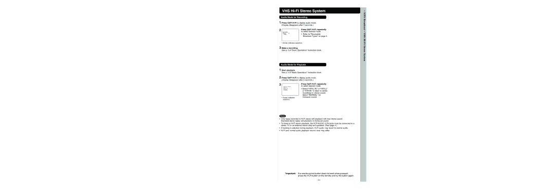 Panasonic PV-V464S operating instructions VHS Hi-Fi Stereo System, Audio Mode for Recording, Audio Mode for Playback 