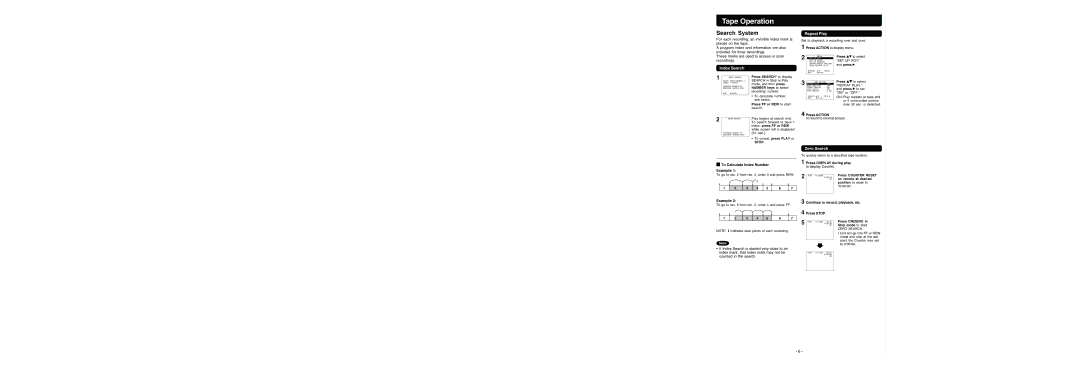 Panasonic PV-V464S Tape Operation, Index Search Repeat Play, Zero Search, To Calculate Index Number Example 