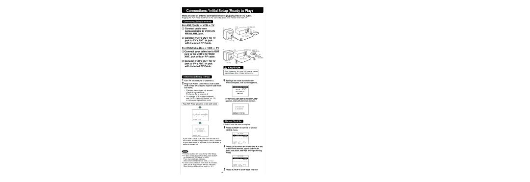 Panasonic PV-V464S Connections / Initial Setup Ready to Play, Connecting Select a method, Manual Clock Set 