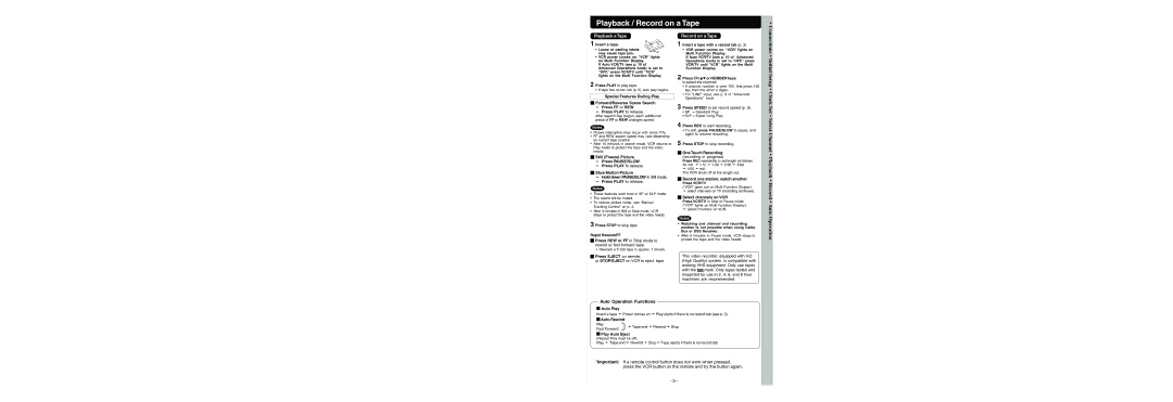 Panasonic PV-V464S operating instructions Playback / Record on a Tape, Playback a Tape, Auto Operation Functions 