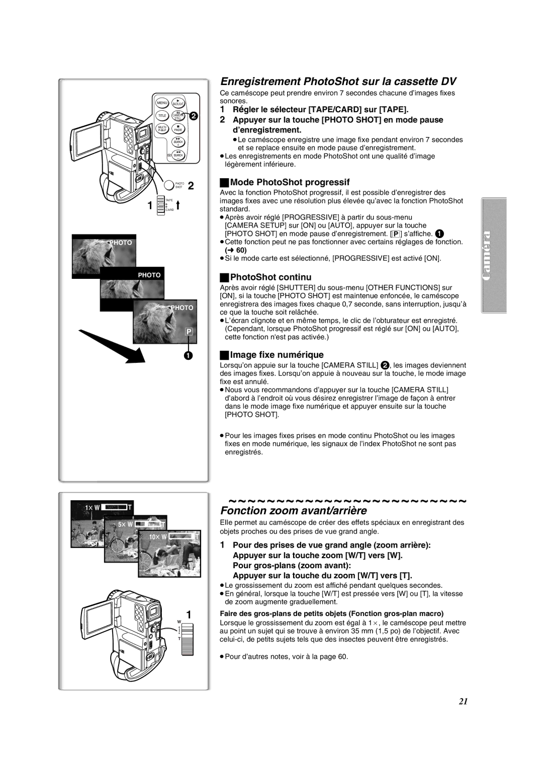 Panasonic PV-VM202 Enregistrement PhotoShot sur la cassette DV, Fonction zoom avant/arrière, Mode PhotoShot progressif 