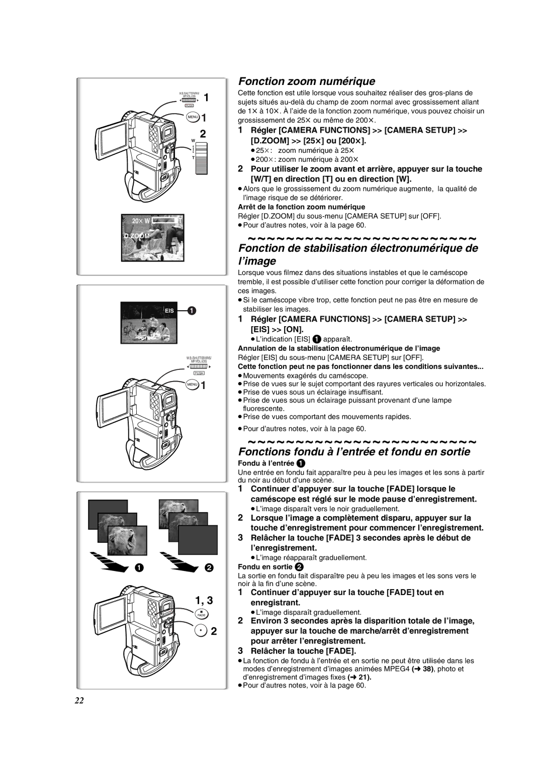 Panasonic PV-VM202 operating instructions Fonction zoom numérique, Fonction de stabilisation électronumérique de l’image 