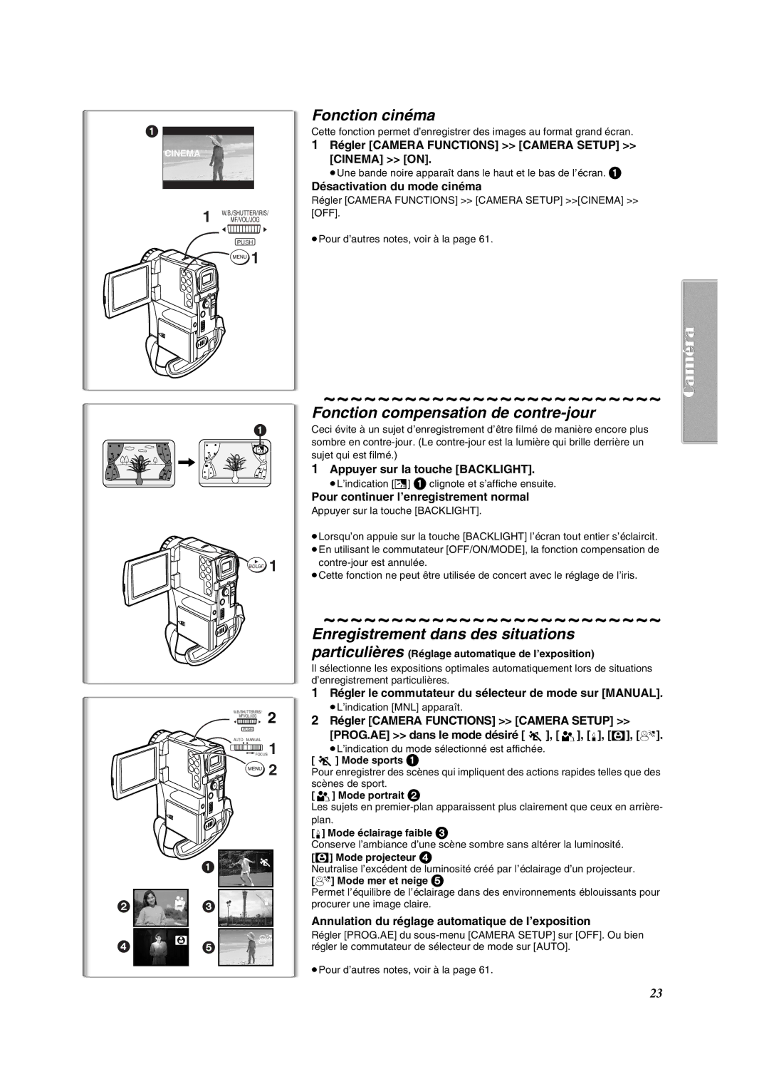 Panasonic PV-VM202 Fonction cinéma, Fonction compensation de contre-jour, Enregistrement dans des situations 