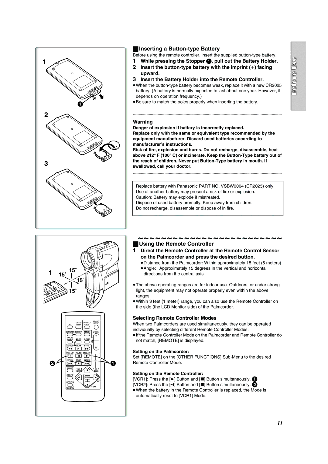 Panasonic PV-VM202 operating instructions Inserting a Button-type Battery, 15˚ 15˚, Using the Remote Controller 