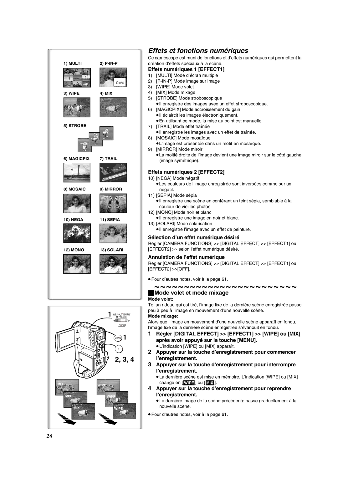 Panasonic PV-VM202 operating instructions Effets et fonctions numériques, Mode volet et mode mixage 