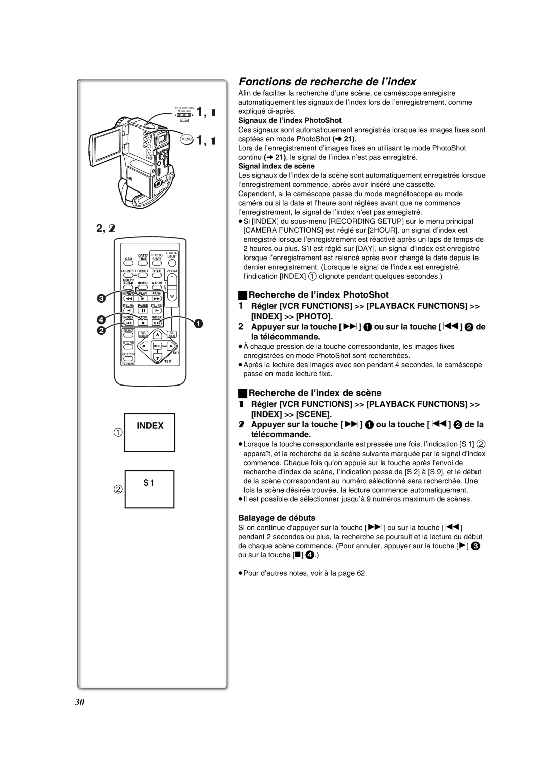 Panasonic PV-VM202 Fonctions de recherche de l’index, Recherche de l’index PhotoShot, Recherche de l’index de scène 