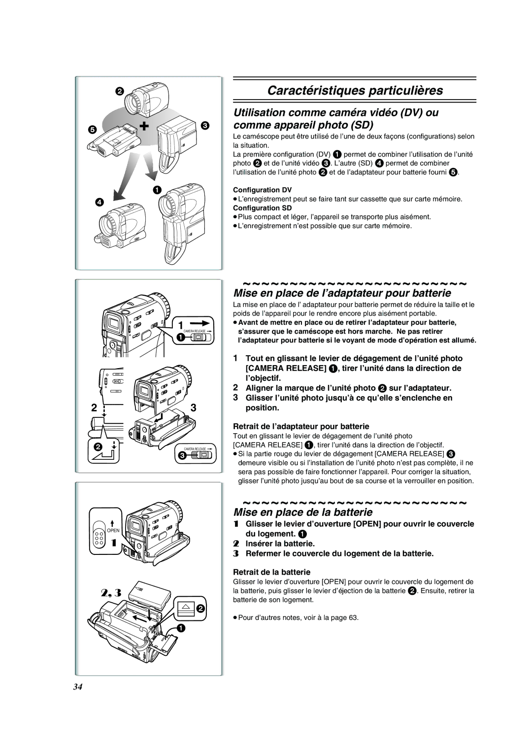 Panasonic PV-VM202 Utilisation comme caméra vidéo DV ou, Comme appareil photo SD, Mise en place de la batterie 