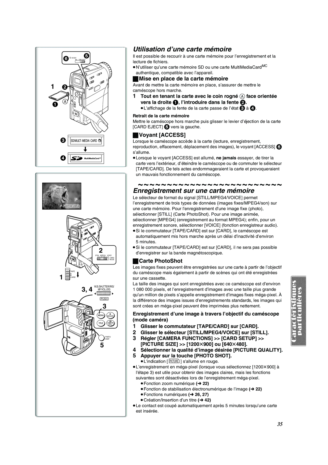 Panasonic PV-VM202 Utilisation d’une carte mémoire, Enregistrement sur une carte mémoire, Voyant Access, Carte PhotoShot 