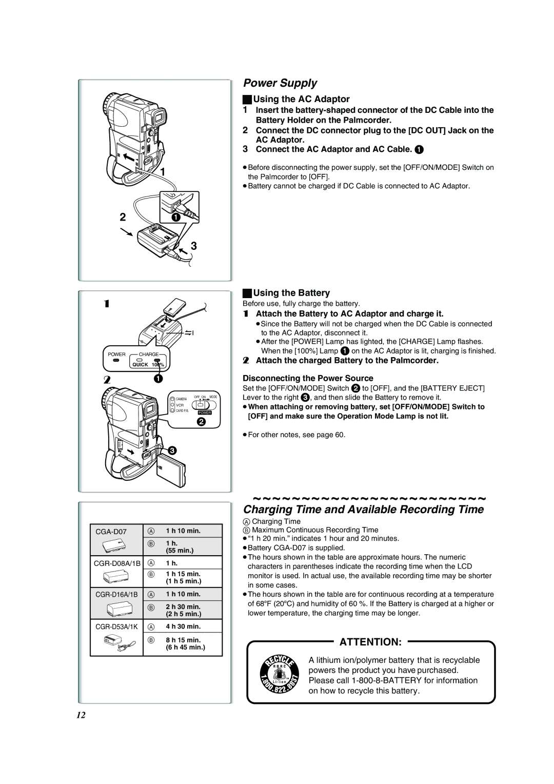 Panasonic PV-VM202 Power Supply, Charging Time and Available Recording Time, Using the AC Adaptor, Using the Battery 