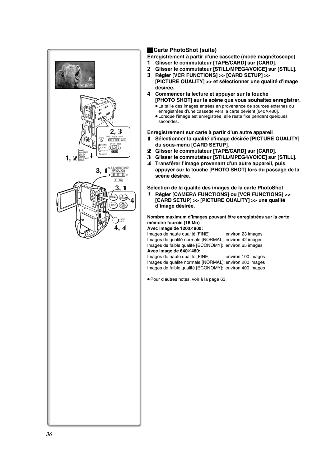 Panasonic PV-VM202 operating instructions Carte PhotoShot suite, Avec image de 640t480 Images de haute qualité Fine 