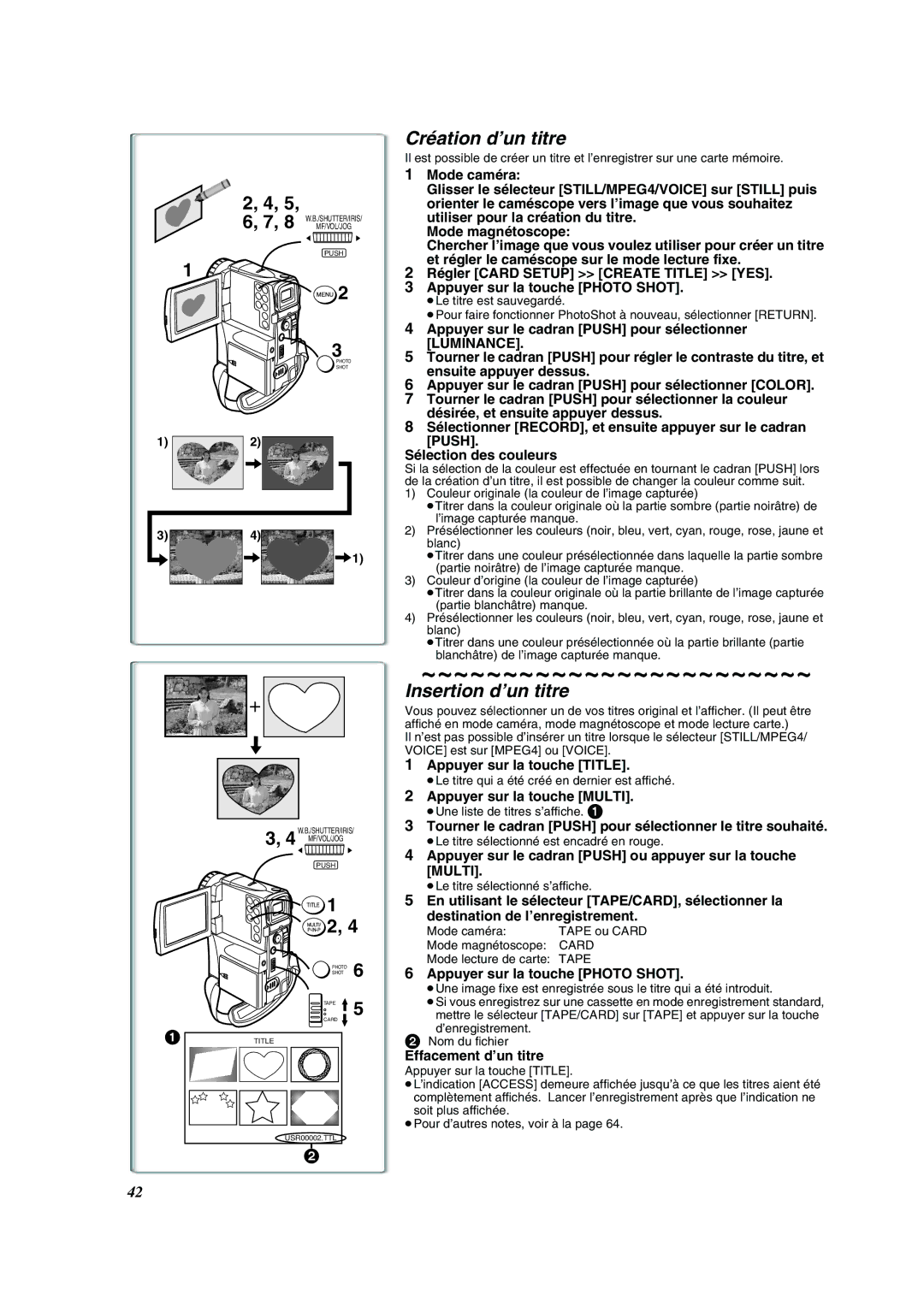 Panasonic PV-VM202 operating instructions Création d’un titre, Insertion d’un titre 