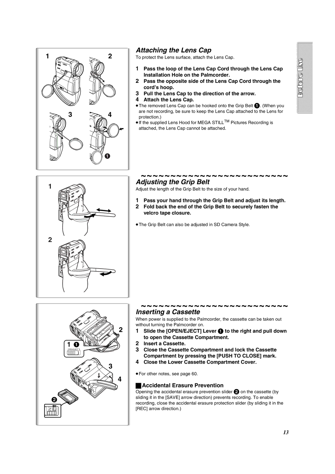 Panasonic PV-VM202 Attaching the Lens Cap, Adjusting the Grip Belt, Inserting a Cassette, Accidental Erasure Prevention 