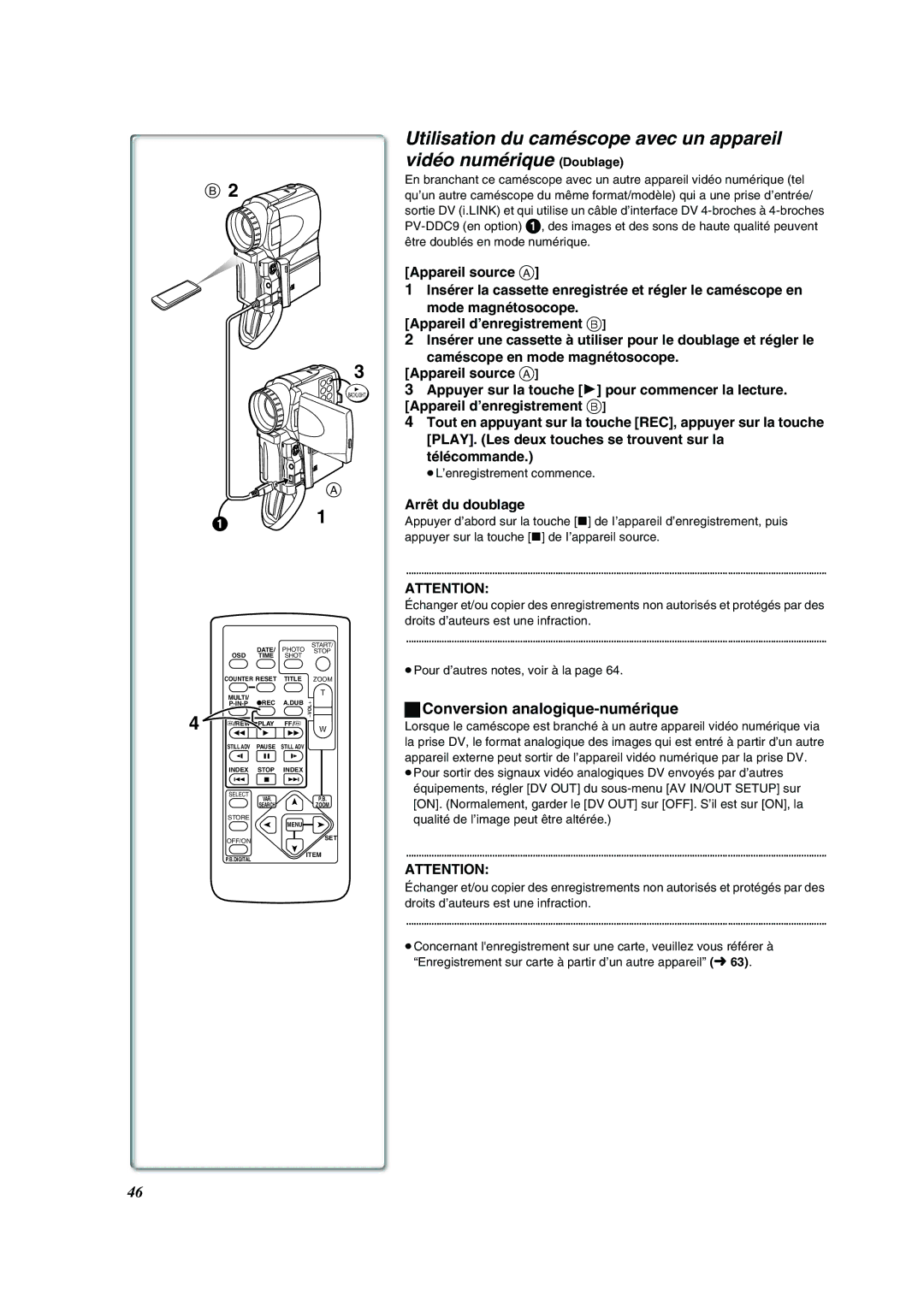 Panasonic PV-VM202 operating instructions Conversion analogique-numérique, Arrêt du doublage, ≥L’enregistrement commence 