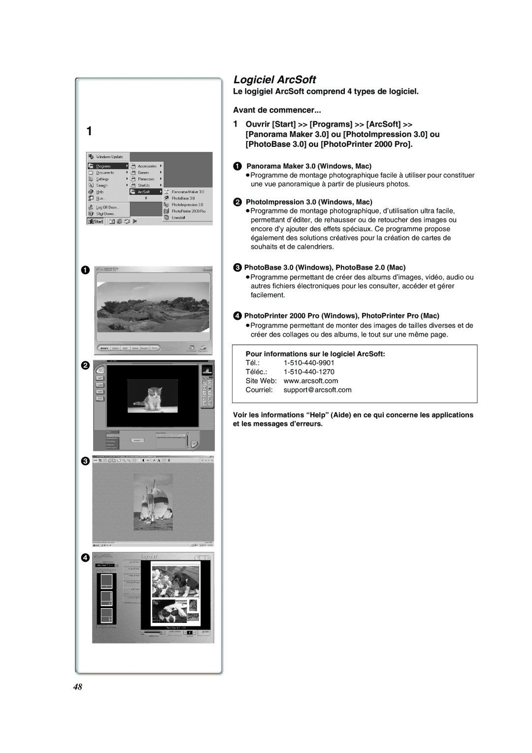 Panasonic PV-VM202 Logiciel ArcSoft, Pour informations sur le logiciel ArcSoft, Tél Téléc Courriel support@arcsoft.com 