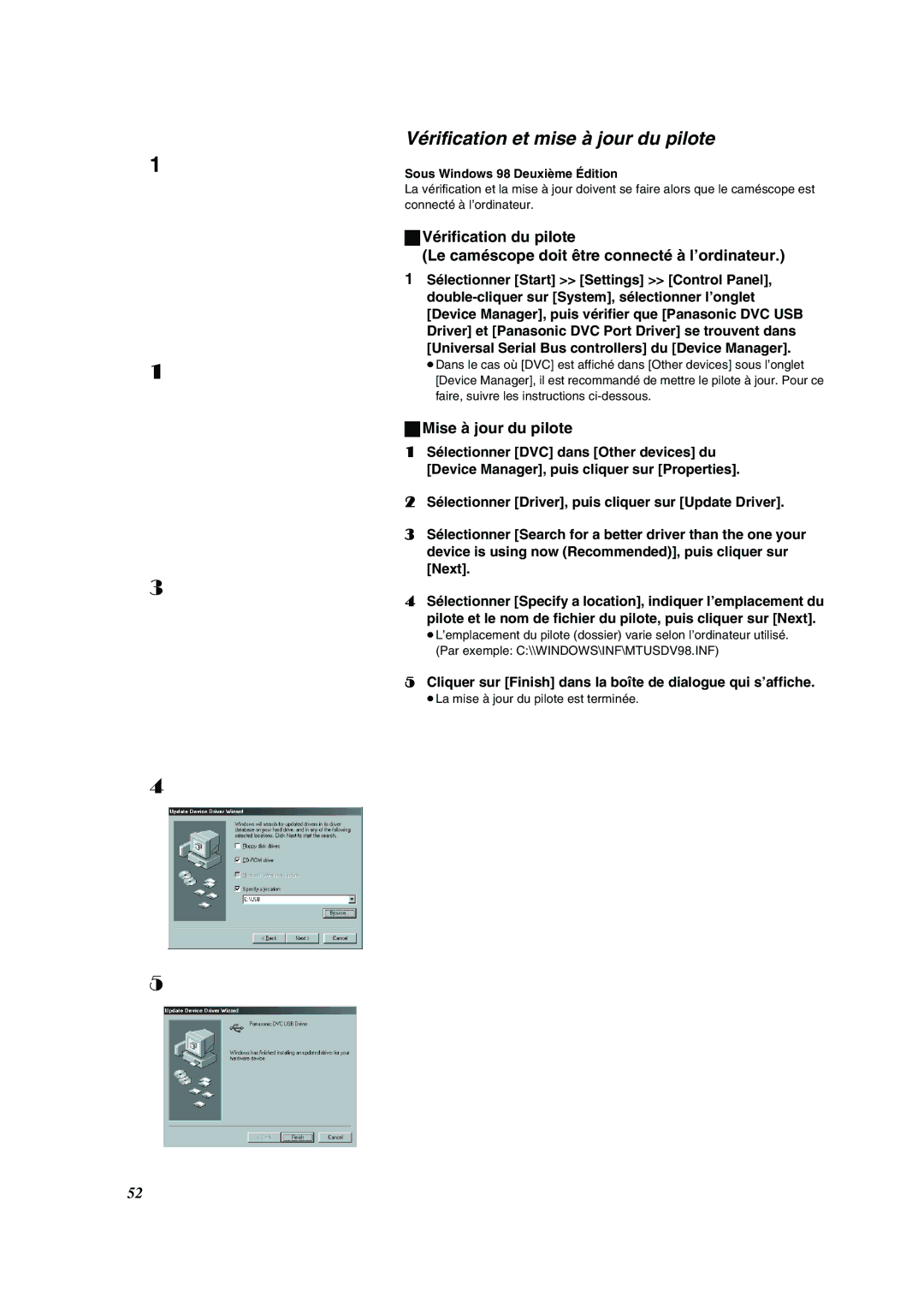 Panasonic PV-VM202 Vérification et mise à jour du pilote, Mise à jour du pilote, Sous Windows 98 Deuxième Édition 