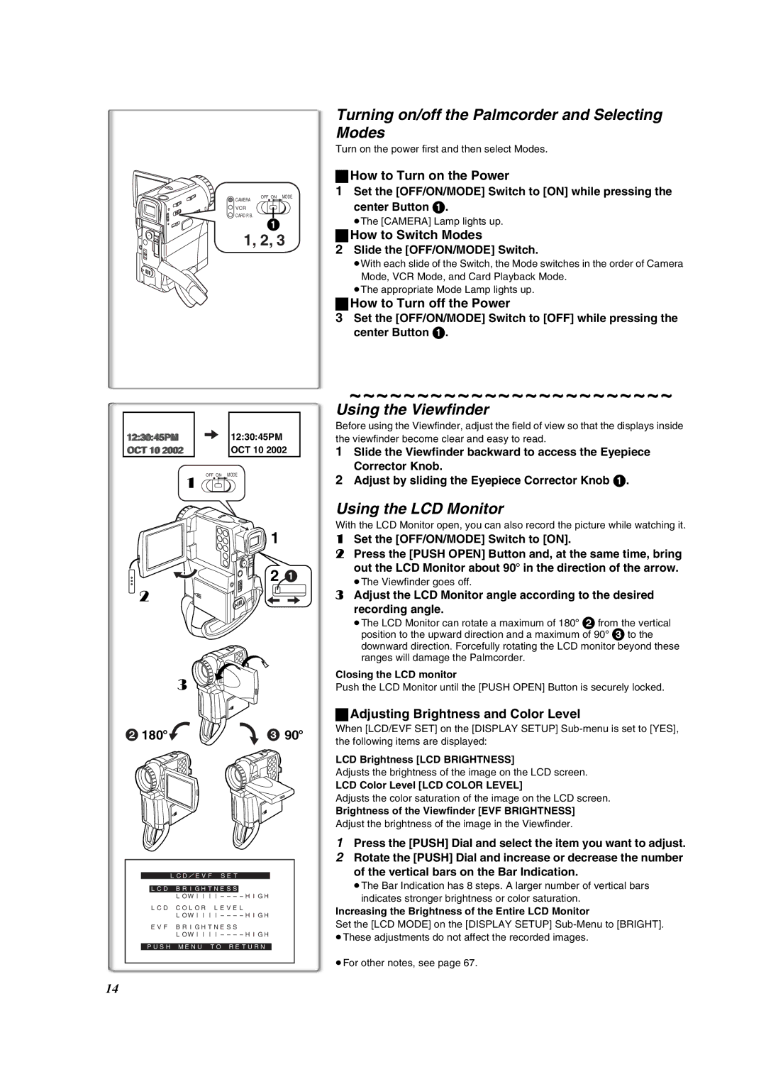 Panasonic PV-VM202 Turning on/off the Palmcorder and Selecting Modes, Using the Viewfinder, Using the LCD Monitor 