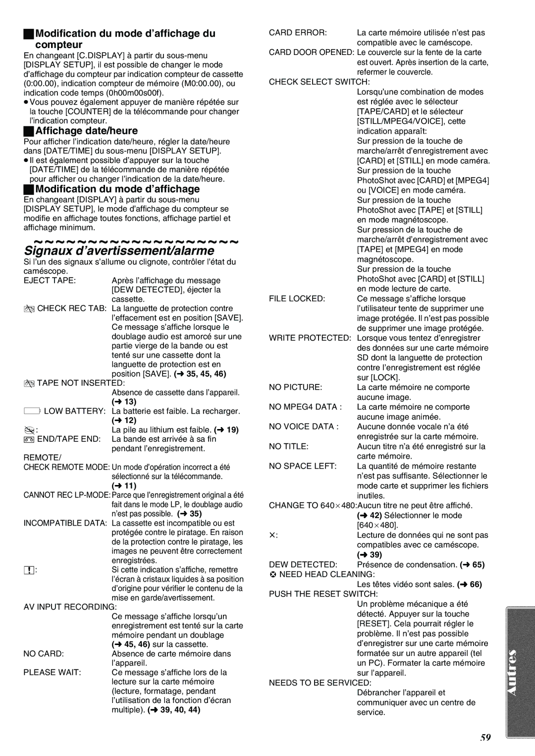 Panasonic PV-VM202 Signaux d’avertissement/alarme, Modification du mode d’affichage du Compteur, Affichage date/heure 