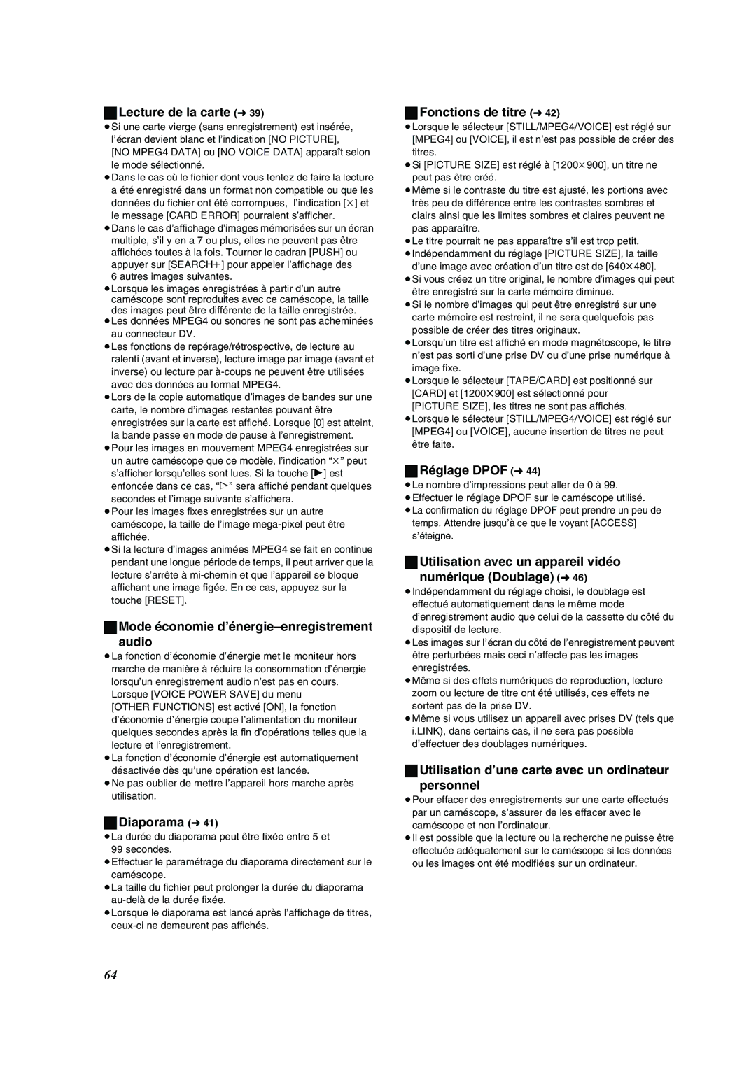 Panasonic PV-VM202 Lecture de la carte l39, Mode économie d’énergie-enregistrement Audio, Diaporama l41, Réglage Dpof l44 