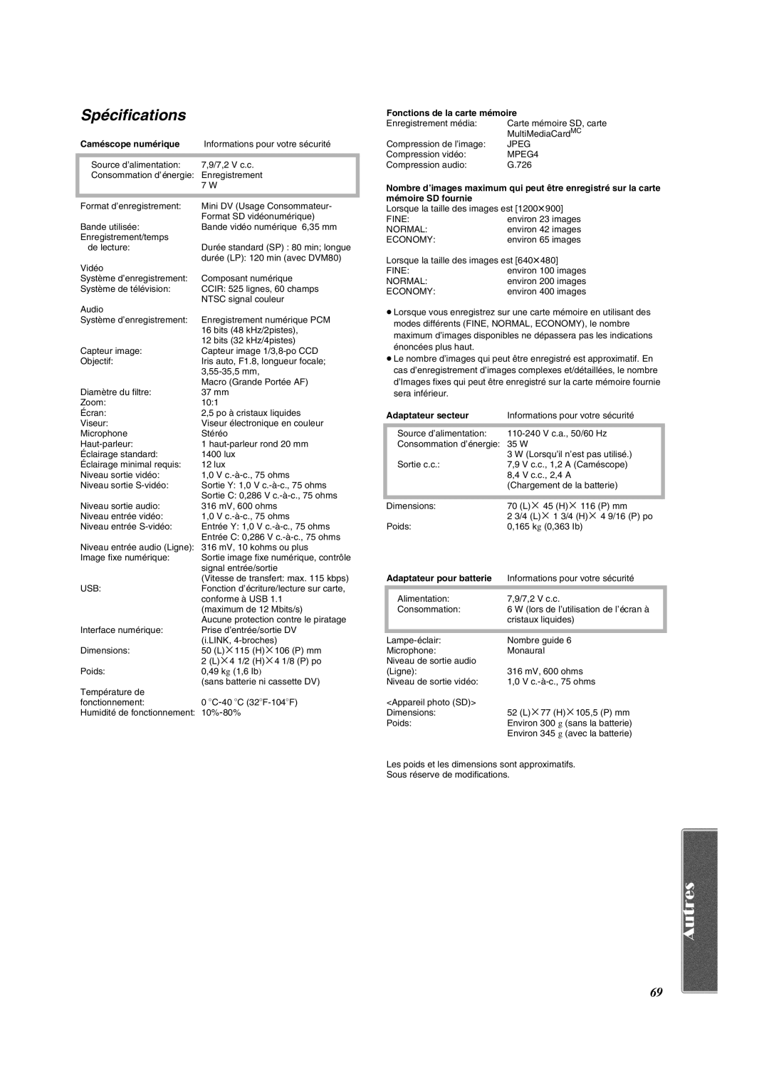 Panasonic PV-VM202 operating instructions Spécifications, Caméscope numérique 