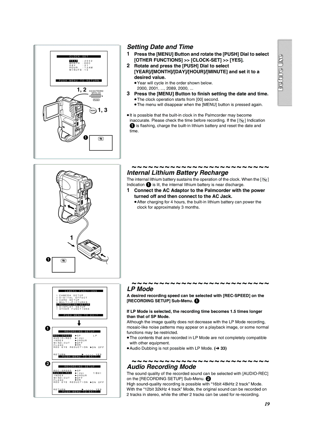 Panasonic PV-VM202 Setting Date and Time, Internal Lithium Battery Recharge, LP Mode, Audio Recording Mode 