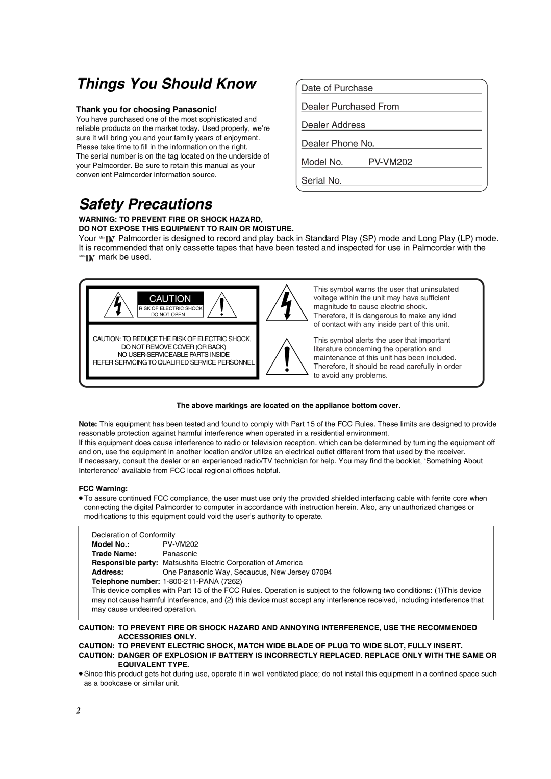 Panasonic PV-VM202 Thank you for choosing Panasonic, Above markings are located on the appliance bottom cover, FCC Warning 