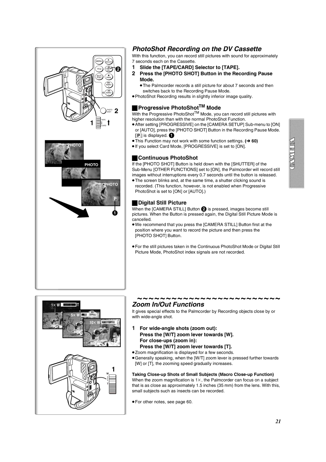 Panasonic PV-VM202 PhotoShot Recording on the DV Cassette, Zoom In/Out Functions, Progressive PhotoShotTM Mode 