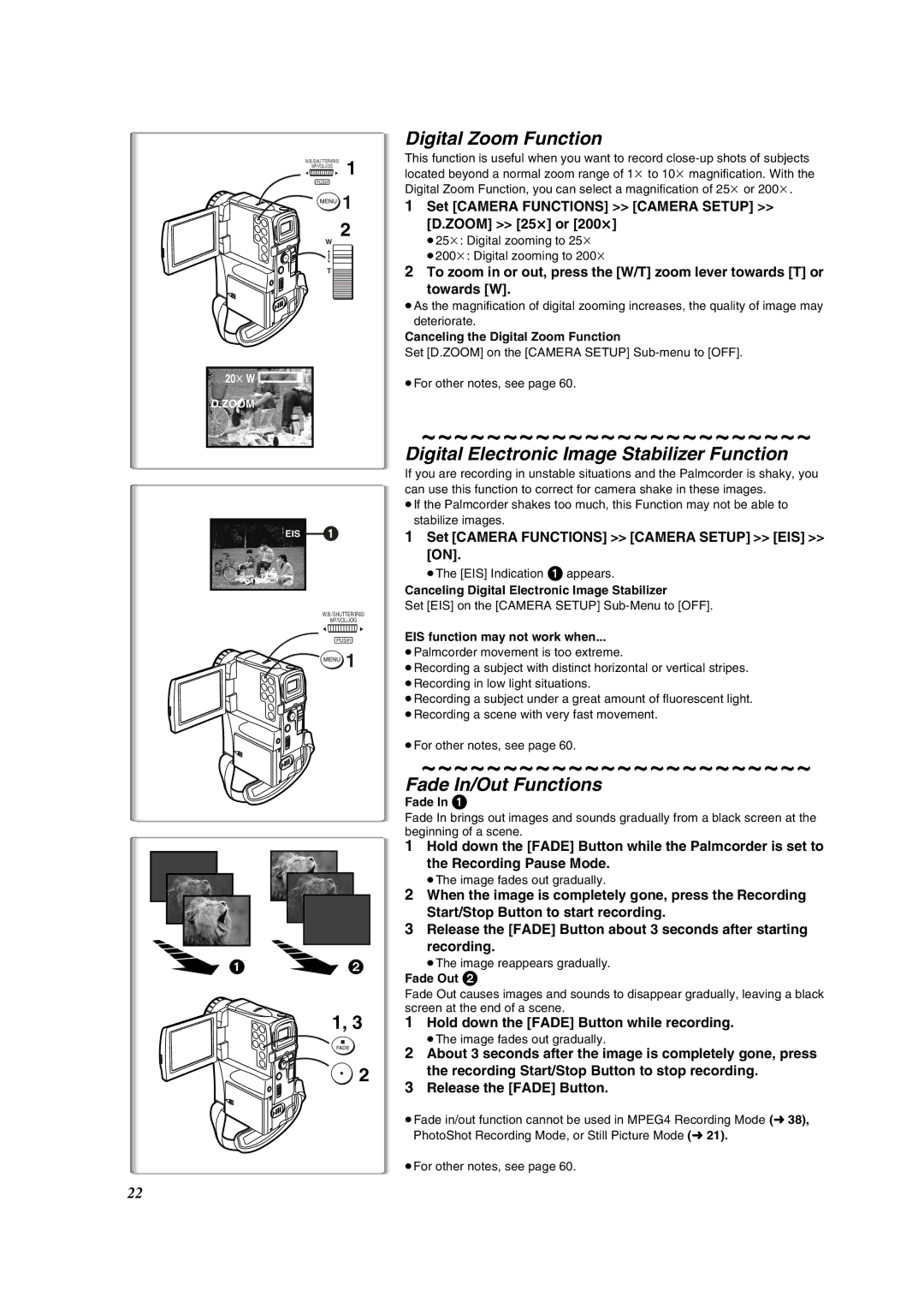 Panasonic PV-VM202 Digital Zoom Function, Digital Electronic Image Stabilizer Function, Fade In/Out Functions 