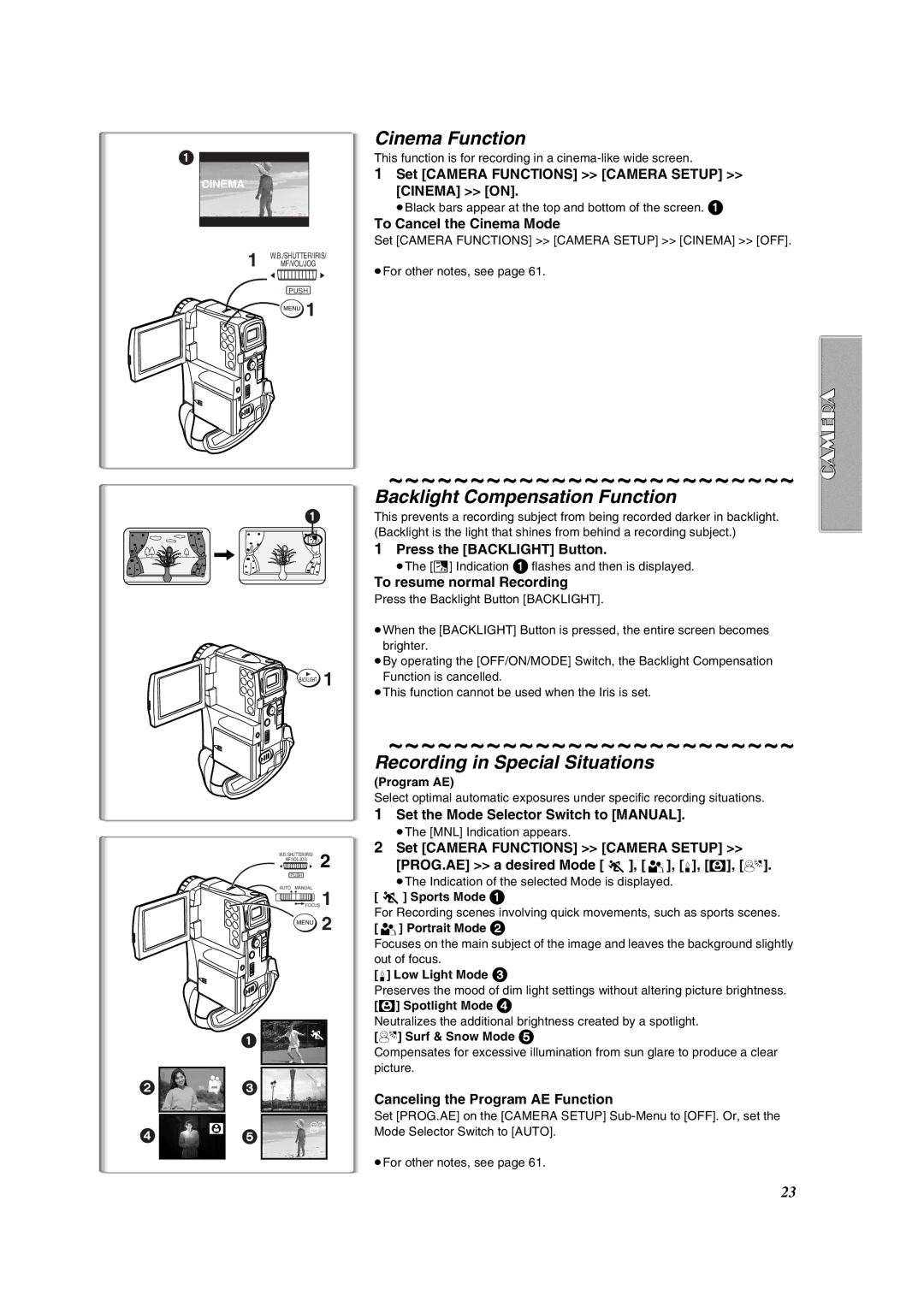 Panasonic PV-VM202 operating instructions Cinema Function, Backlight Compensation Function, Recording in Special Situations 