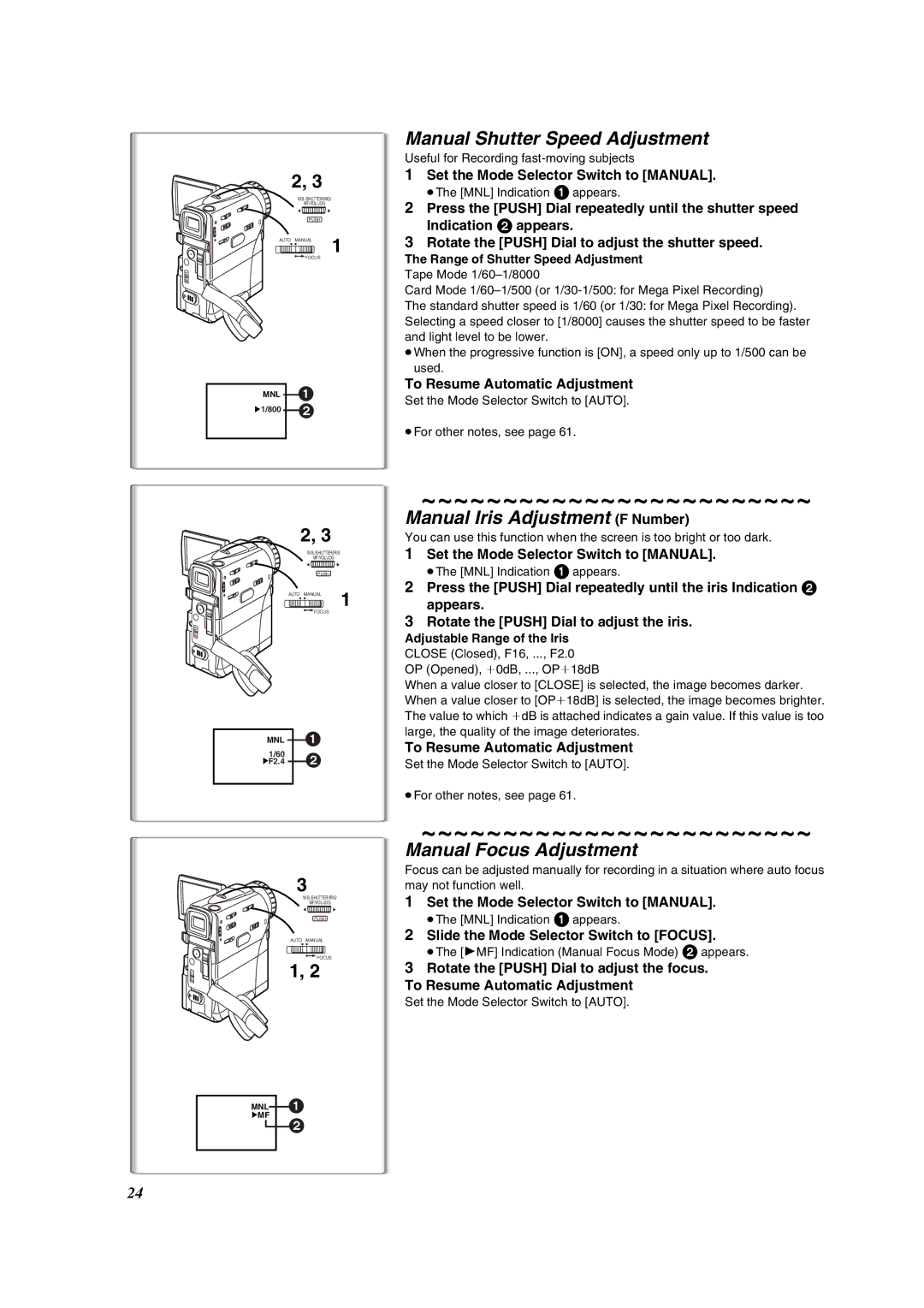 Panasonic PV-VM202 Manual Shutter Speed Adjustment, Manual Iris Adjustment F Number, Manual Focus Adjustment 