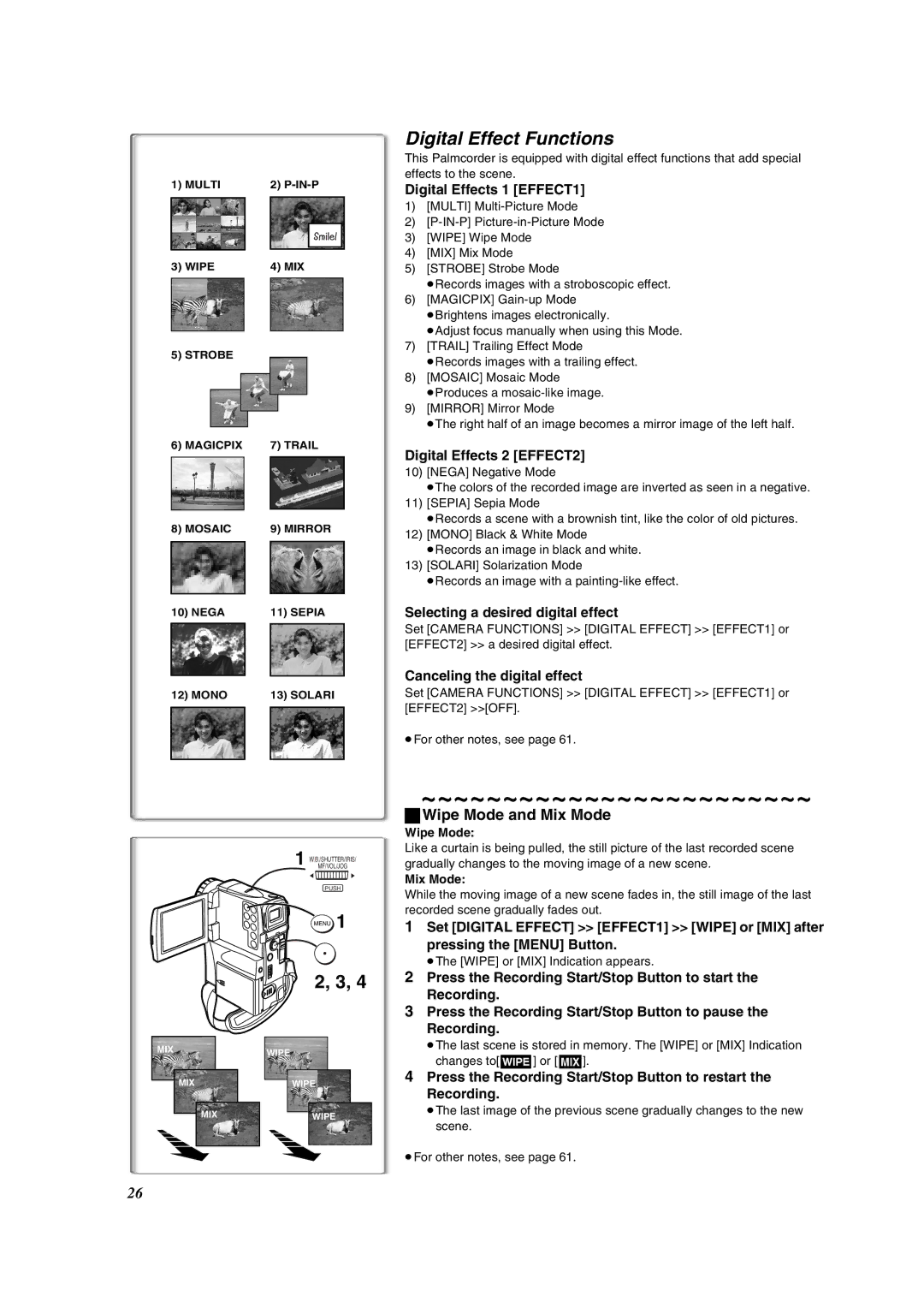 Panasonic PV-VM202 operating instructions Digital Effect Functions, Wipe Mode and Mix Mode 