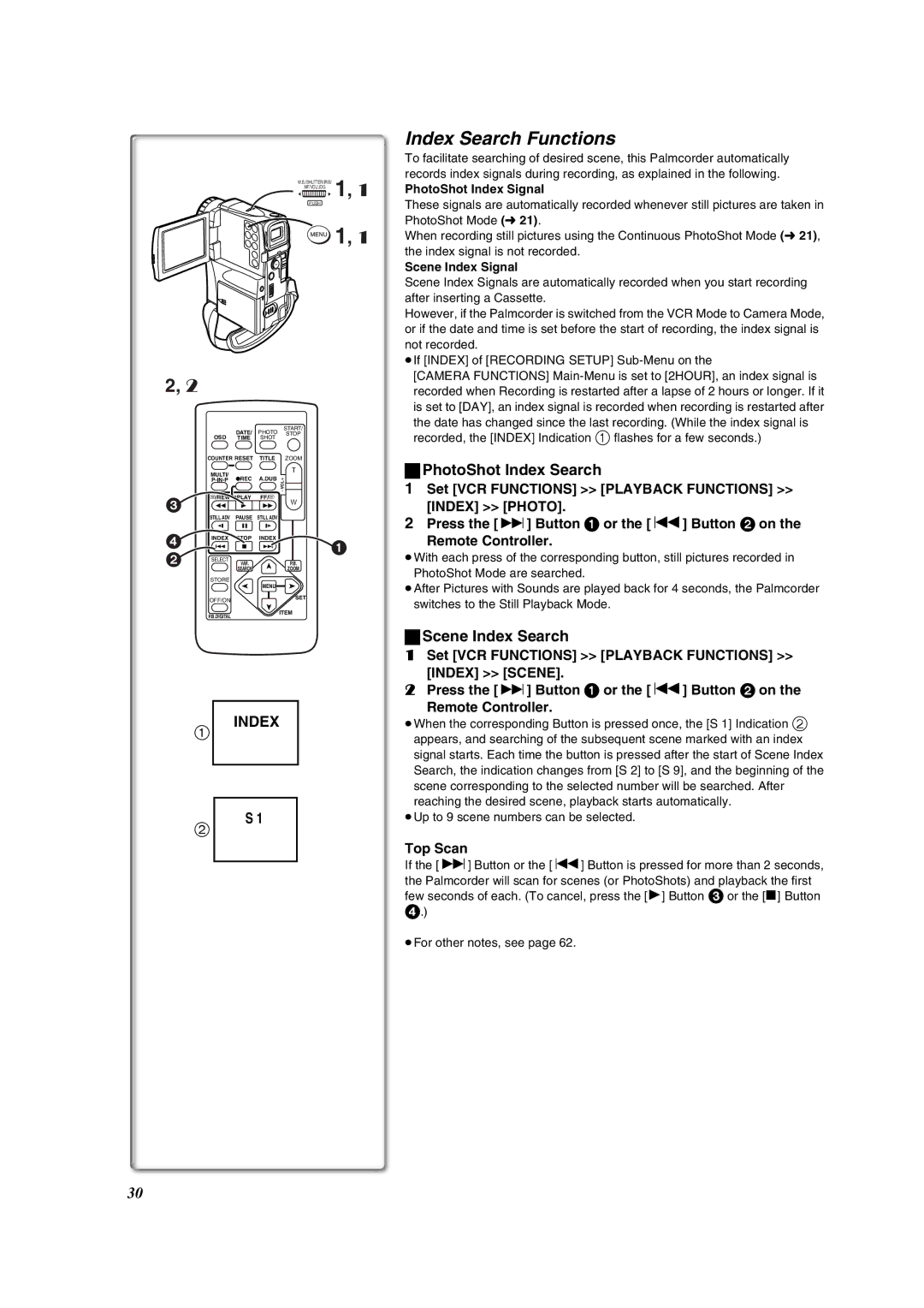 Panasonic PV-VM202 operating instructions Index Search Functions, PhotoShot Index Search, Scene Index Search, Top Scan 