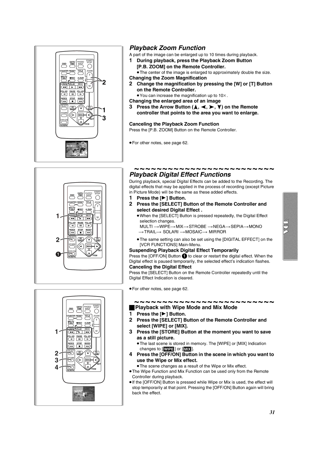 Panasonic PV-VM202 operating instructions Playback Zoom Function, Playback Digital Effect Functions 