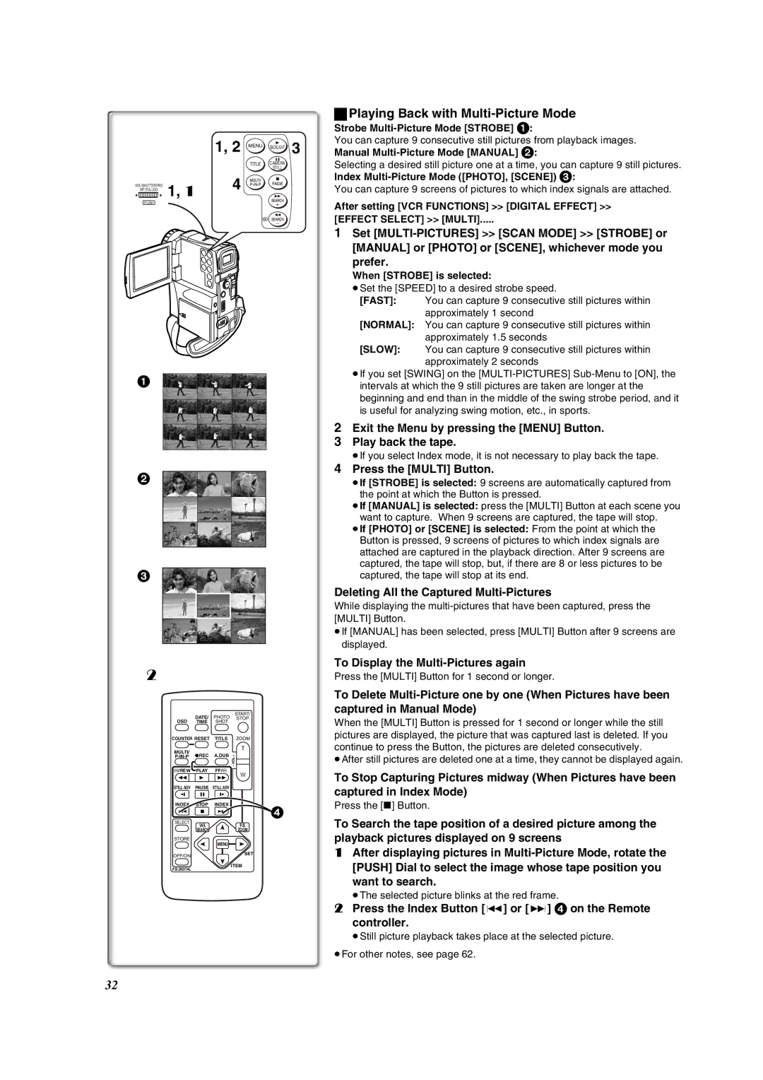 Panasonic PV-VM202 Playing Back with Multi-Picture Mode, Press the Index Button or 9 4 on the Remote controller 