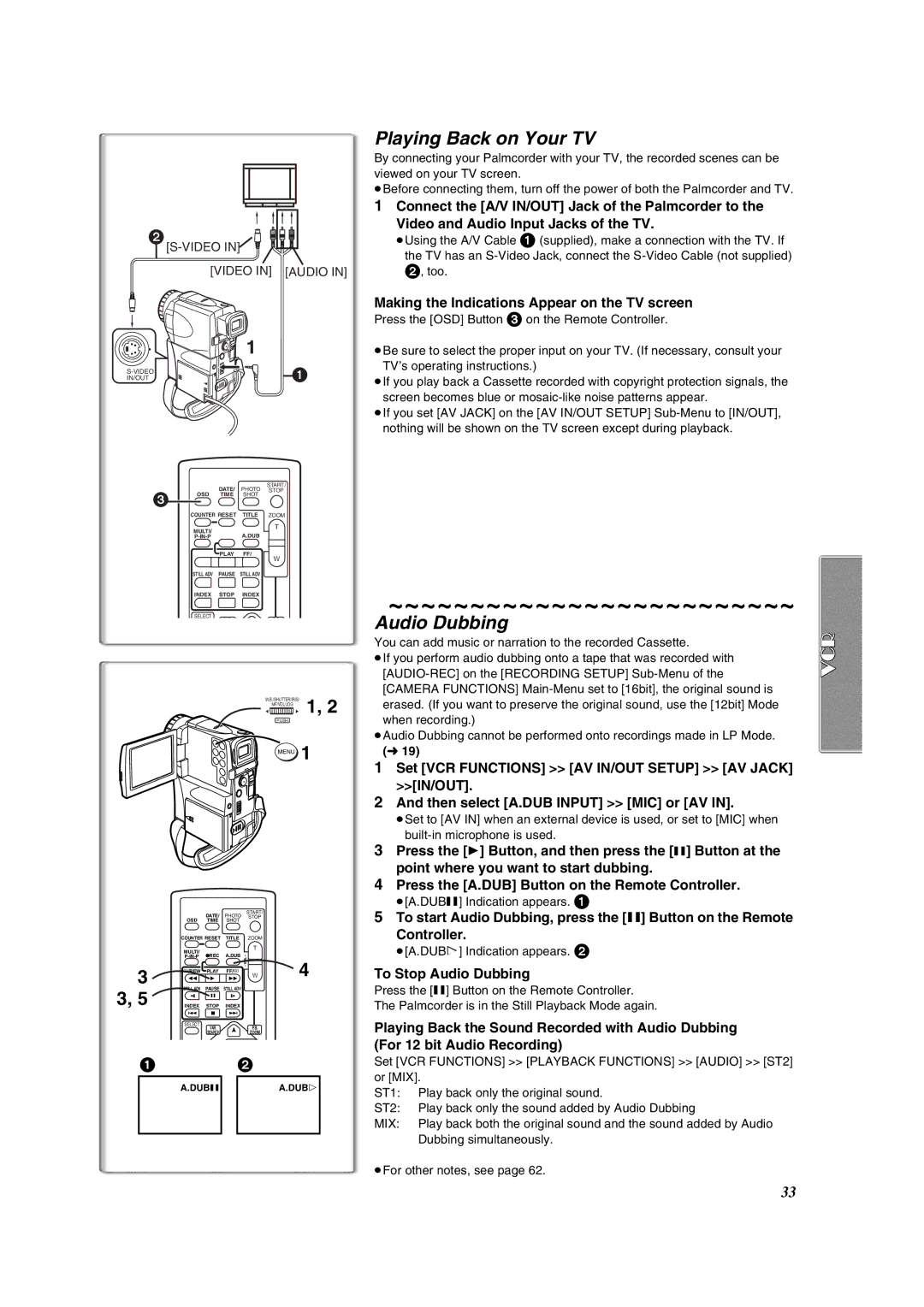 Panasonic PV-VM202 Playing Back on Your TV, Audio Dubbing, Making the Indications Appear on the TV screen 