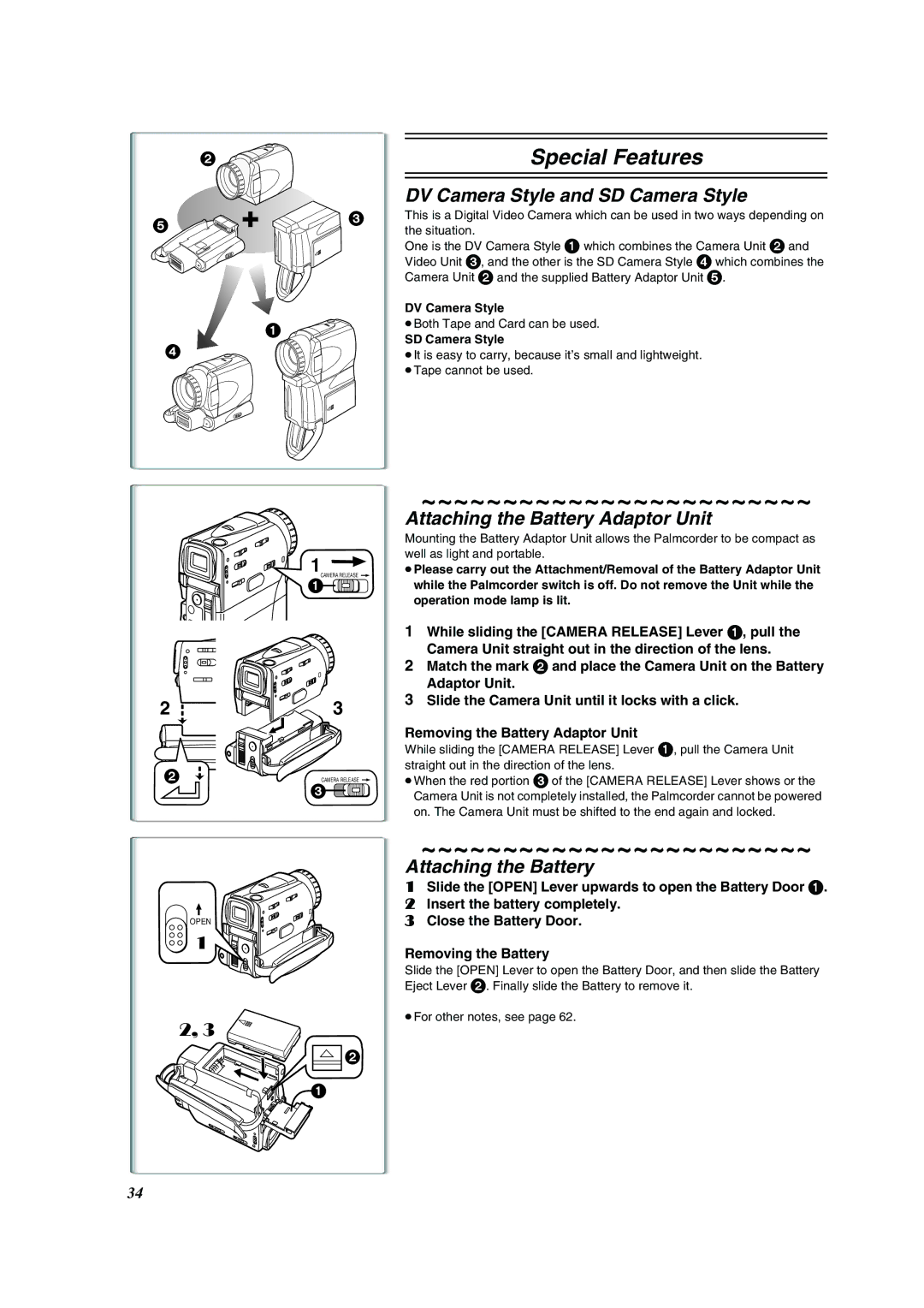 Panasonic PV-VM202 operating instructions DV Camera Style and SD Camera Style, Attaching the Battery Adaptor Unit 