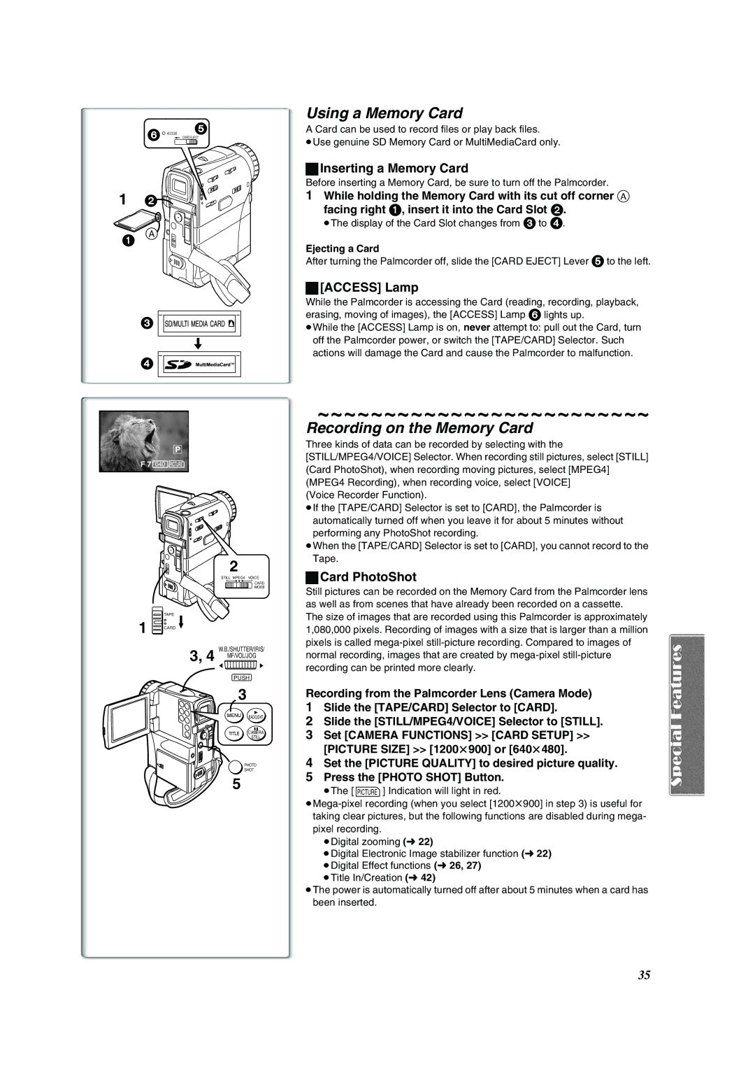 Panasonic PV-VM202 Using a Memory Card, Recording on the Memory Card, Inserting a Memory Card, Access Lamp, Card PhotoShot 