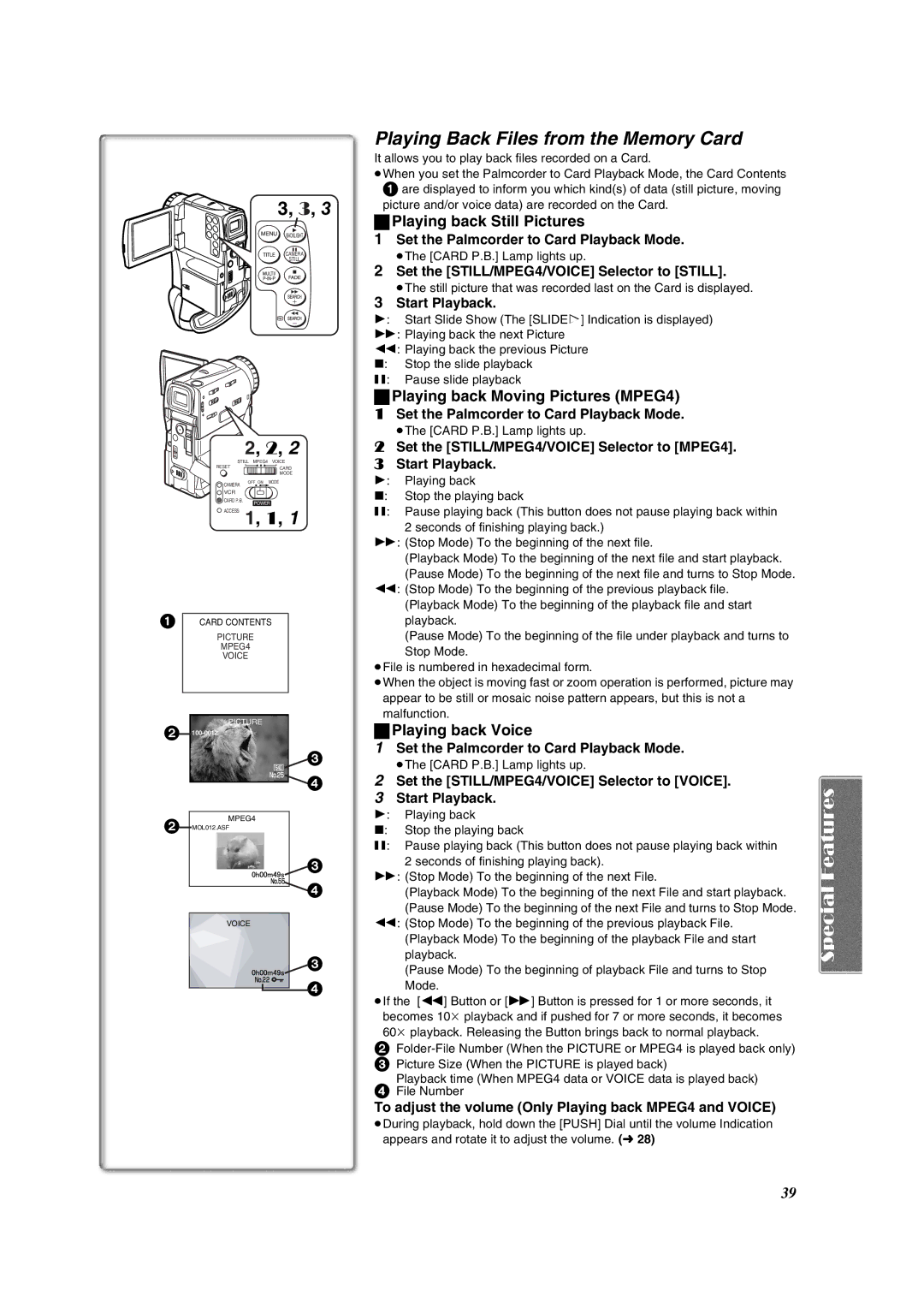 Panasonic PV-VM202 Playing Back Files from the Memory Card, Playing back Still Pictures, Playing back Voice 