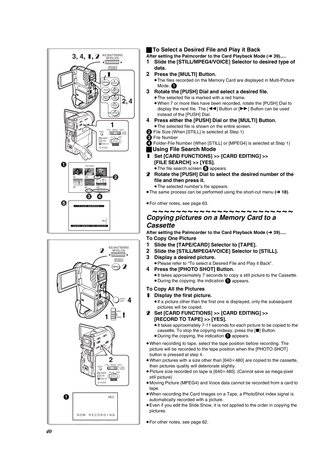 Panasonic PV-VM202 Copying pictures on a Memory Card to a Cassette, To Select a Desired File and Play it Back 