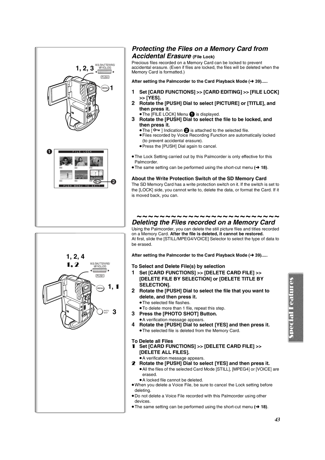 Panasonic PV-VM202 Deleting the Files recorded on a Memory Card, About the Write Protection Switch of the SD Memory Card 