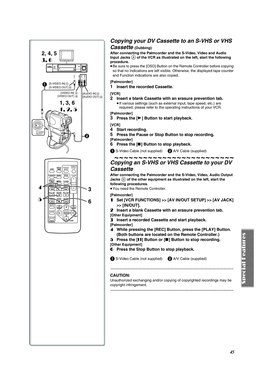 Panasonic PV-VM202 operating instructions Copying an S-VHS or VHS Cassette to your DV Cassette 